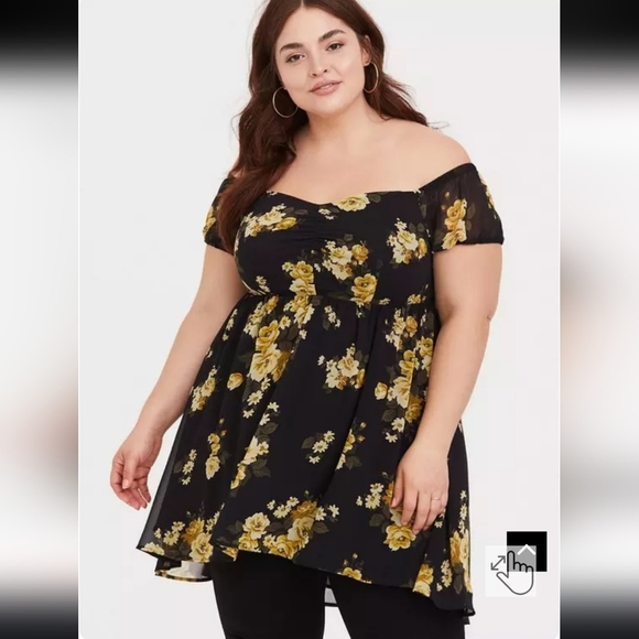 Torrid 2x Black & Yellow Floral Chiffon Off Shoulder Babydoll Tunic - Picture 1 of 5